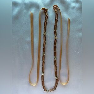 JCrew amber glass bead and rhinestone necklace with ribbon ties